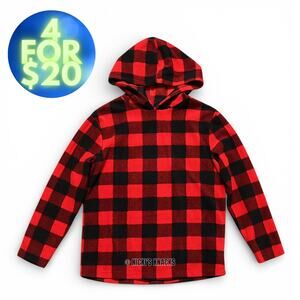 Cat & Jack Boys Red & Black Buffalo Plaid Fleece Hoodie Sweatshirt Size S 6/7